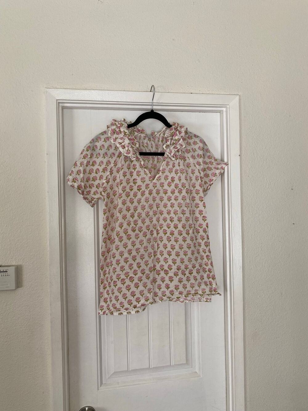 Saule Parc Floral Cotton Ruffle Blouse Pink Green Size XS